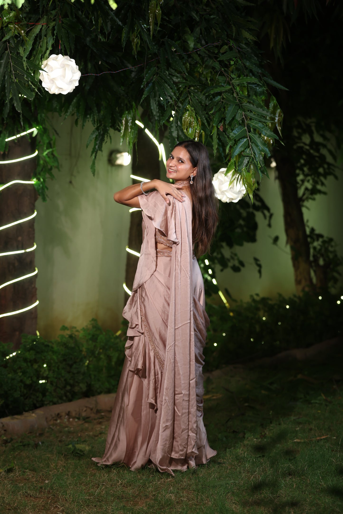 Dusty Rose Ruffle Saree with Embellished Halter Blouse