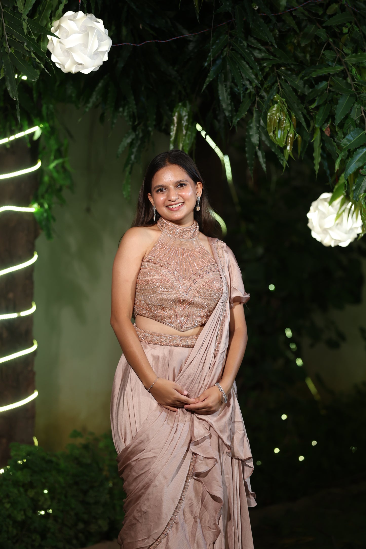 Dusty Rose Ruffle Saree with Embellished Halter Blouse