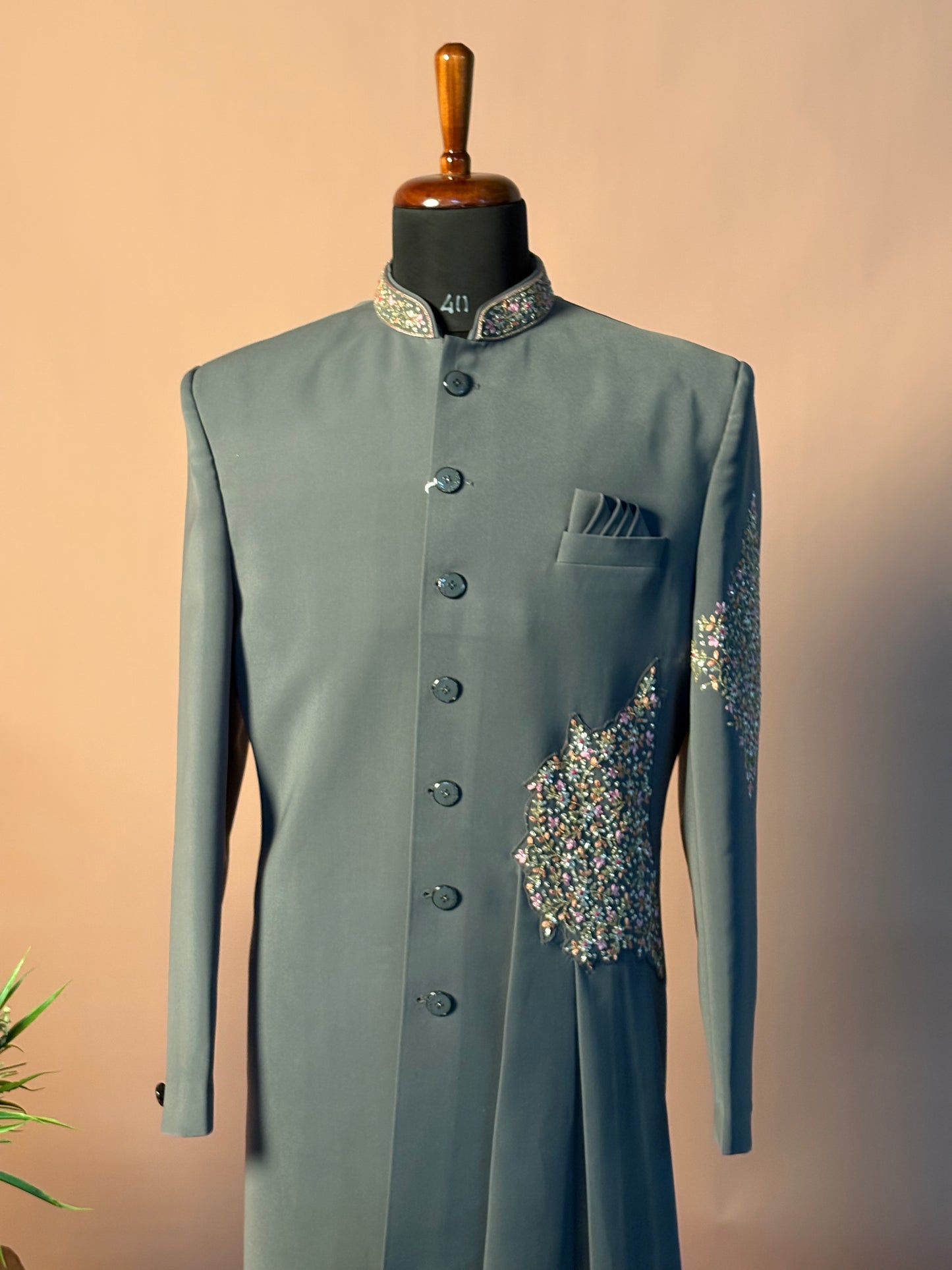 Dusty Teal Asymmetric Indo-Western with Hand Embellished Details