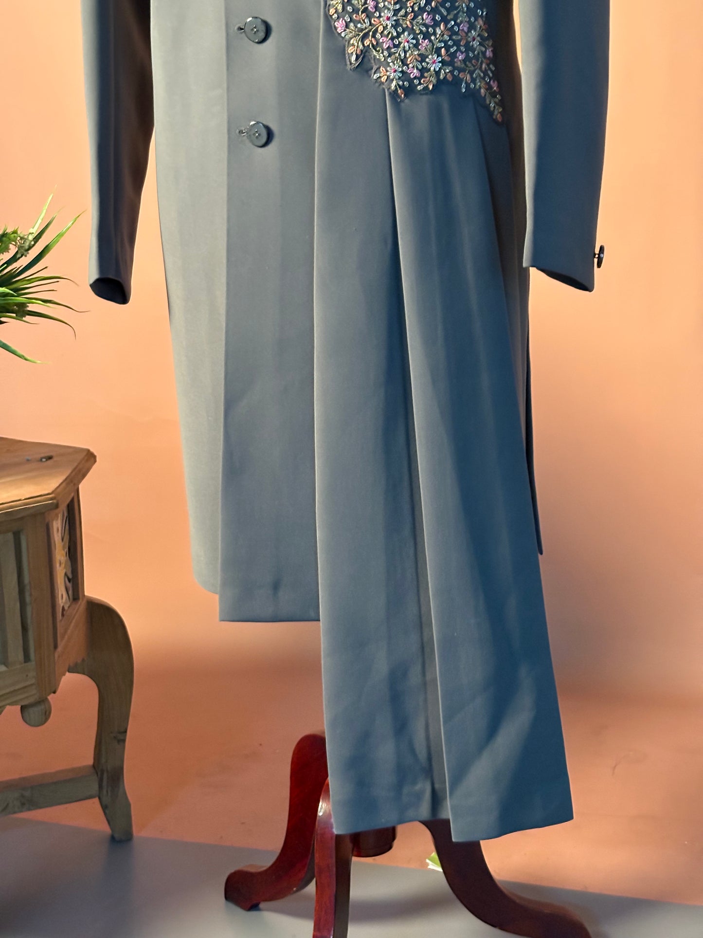 Dusty Teal Asymmetric Indo-Western with Hand Embellished Details