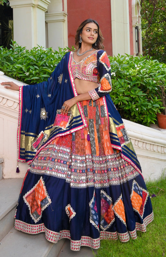 Navy Blue Bandhej Patchwork Navratri Chaniya Choli with Mirror & Shell Embroi