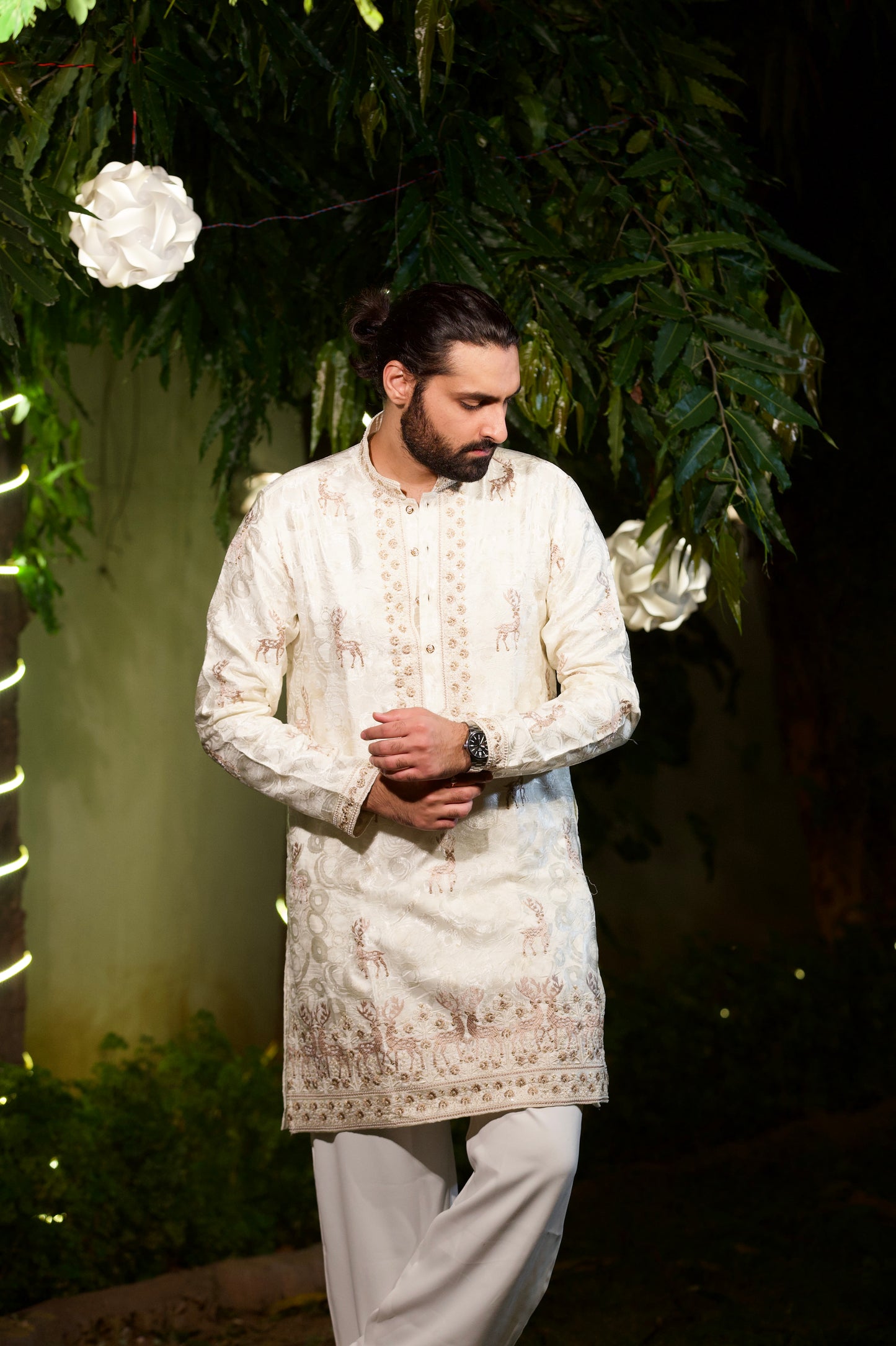 Ivory Embroidered Silk Kurta with Brown Deer Motifs and Zari Border