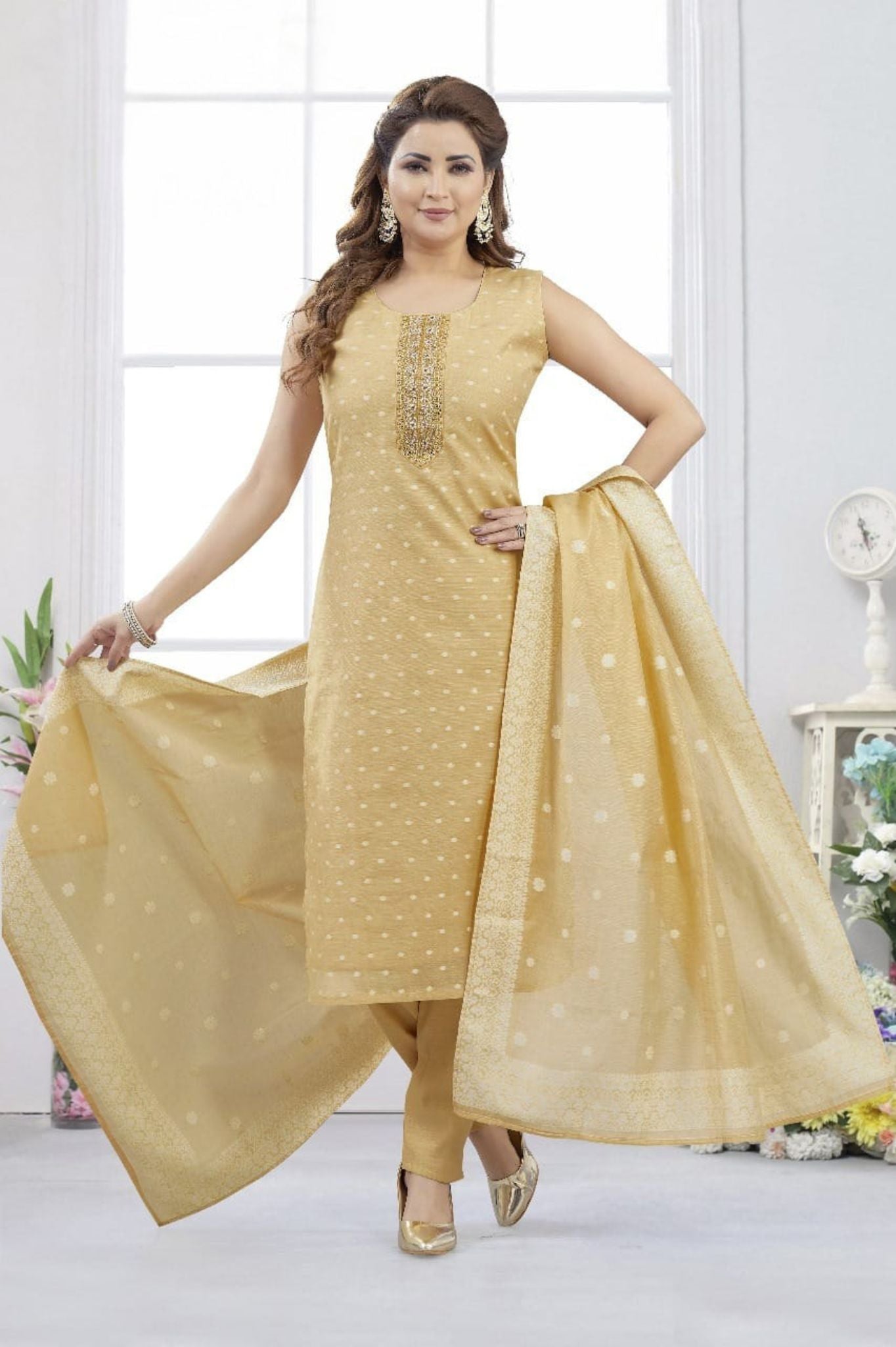 Elegant Golden Beige Sleeveless Salwar Suit with Polka Zari Work and Organza Dupatta