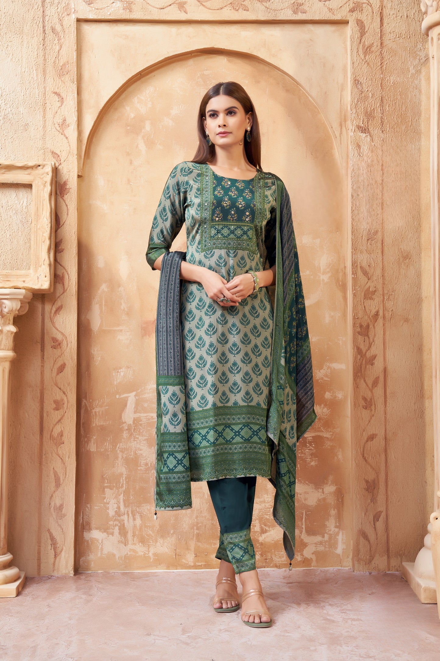 Elegant Green Printed Cotton Suit with Mirror Work Yoke