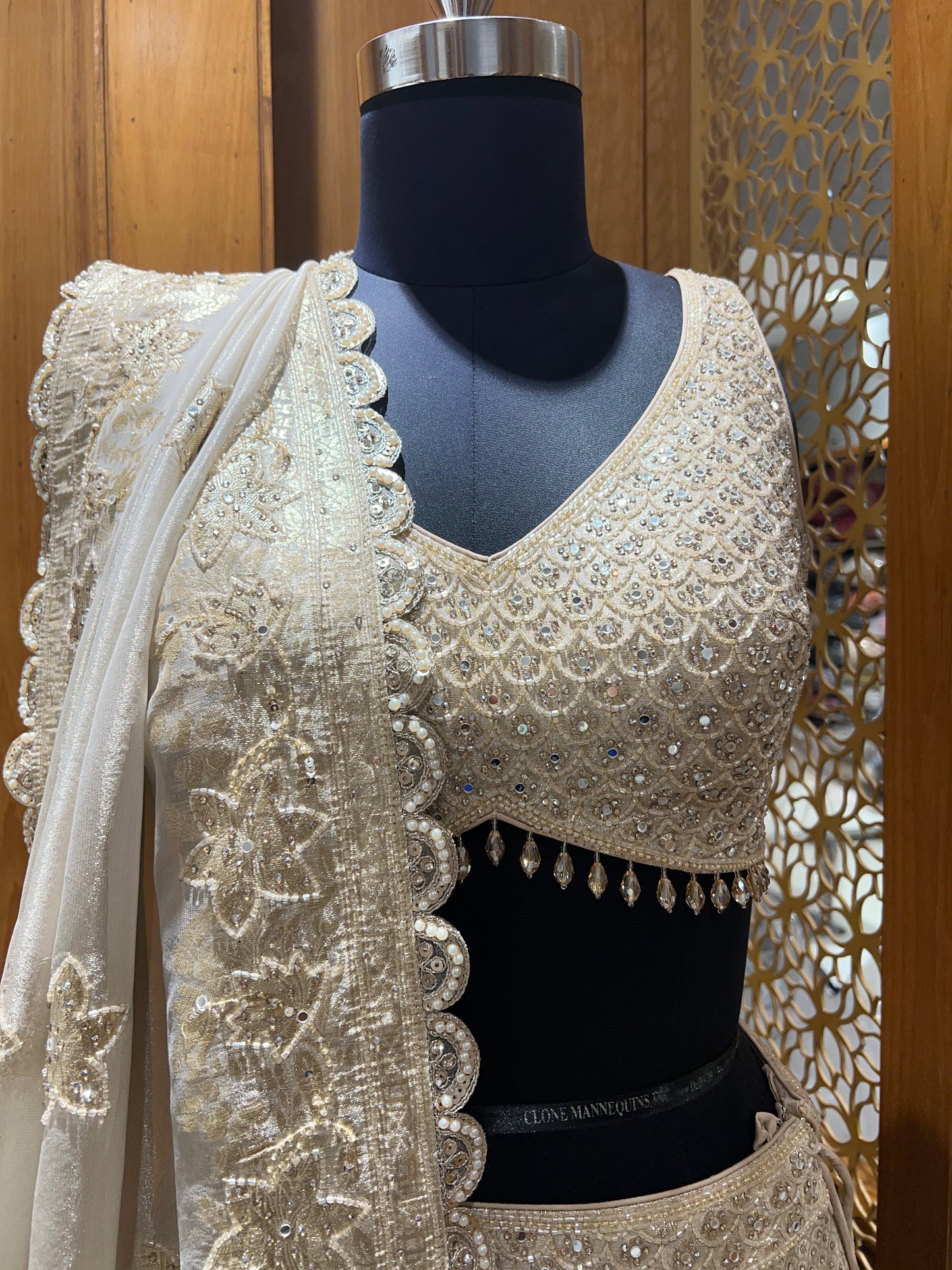 Elegant Ivory and Gold Embroidered Silk Lehenga Set
