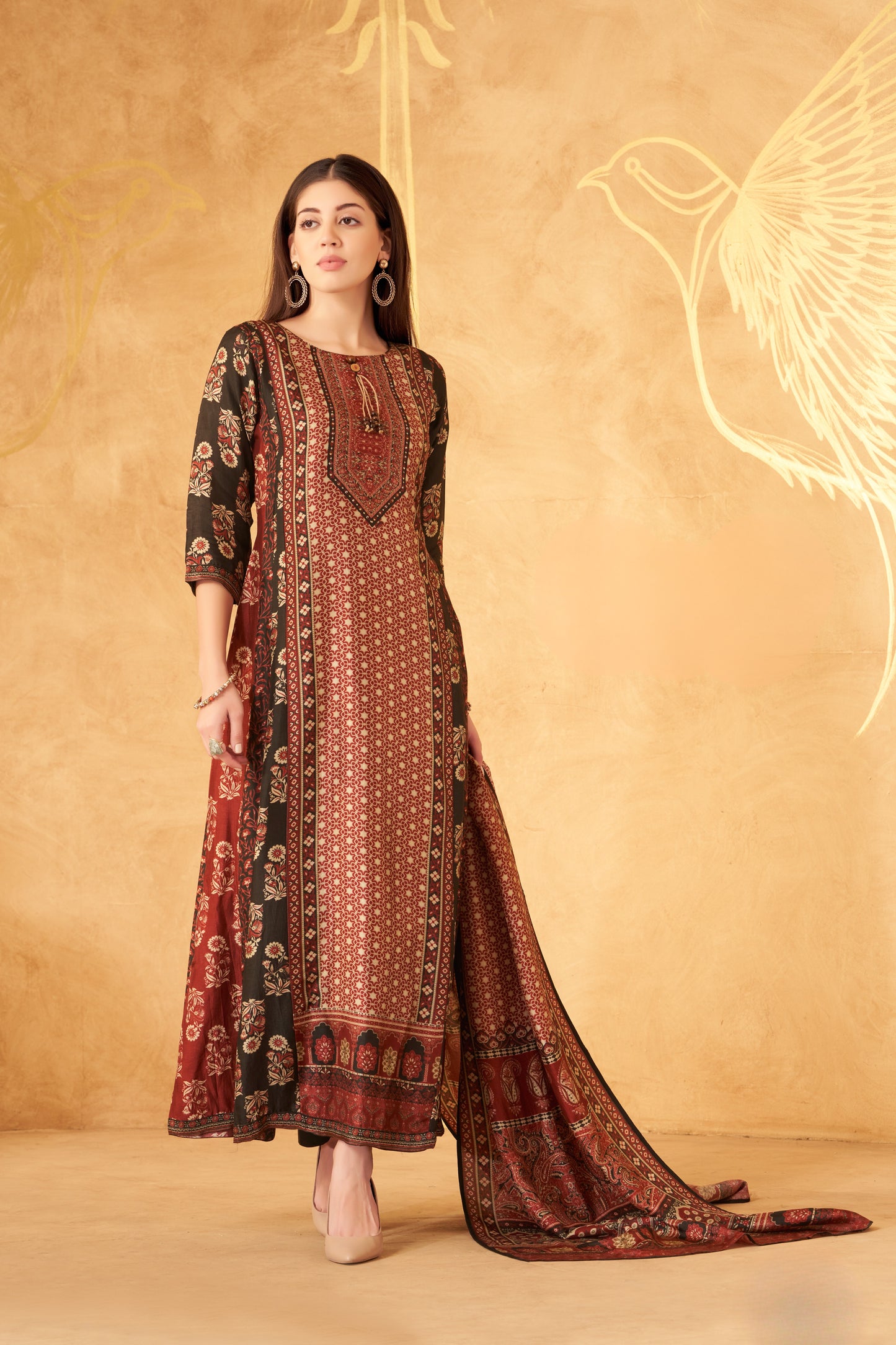 Elegant Maroon and Black Anarkali Suit with Intricate Block Print Design