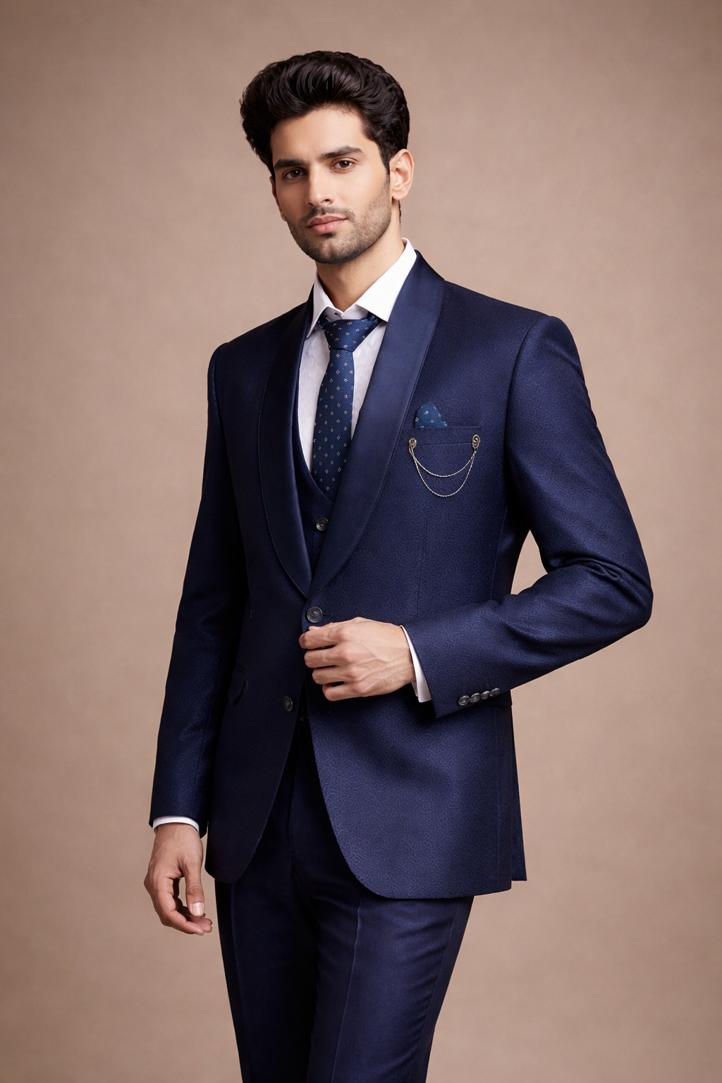 Elegant Navy Blue Self-Textured Men’s Tuxedo Set