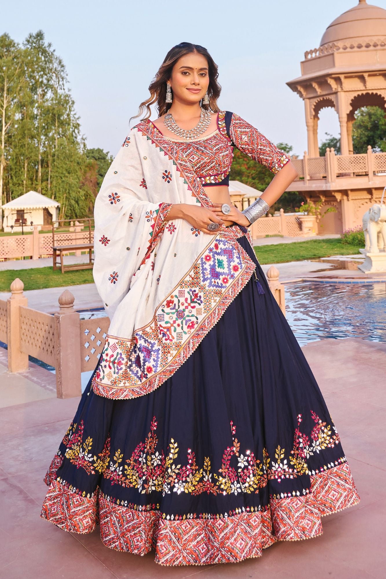 Elegant Navy Blue and White Navratri Chaniya Choli with Kutchi Embroidery & Mirror Work