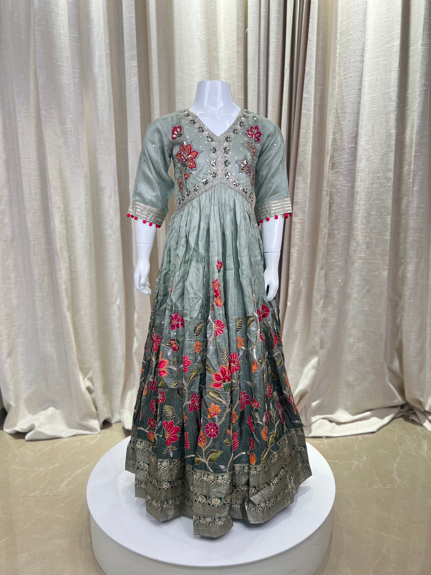 Embroidered Olive Green Anarkali Gown for Girls