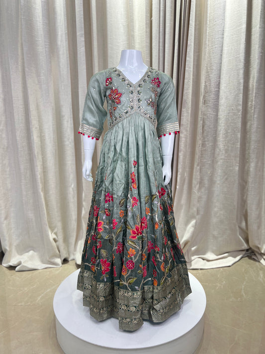 Embroidered Olive Green Anarkali Gown for Girls