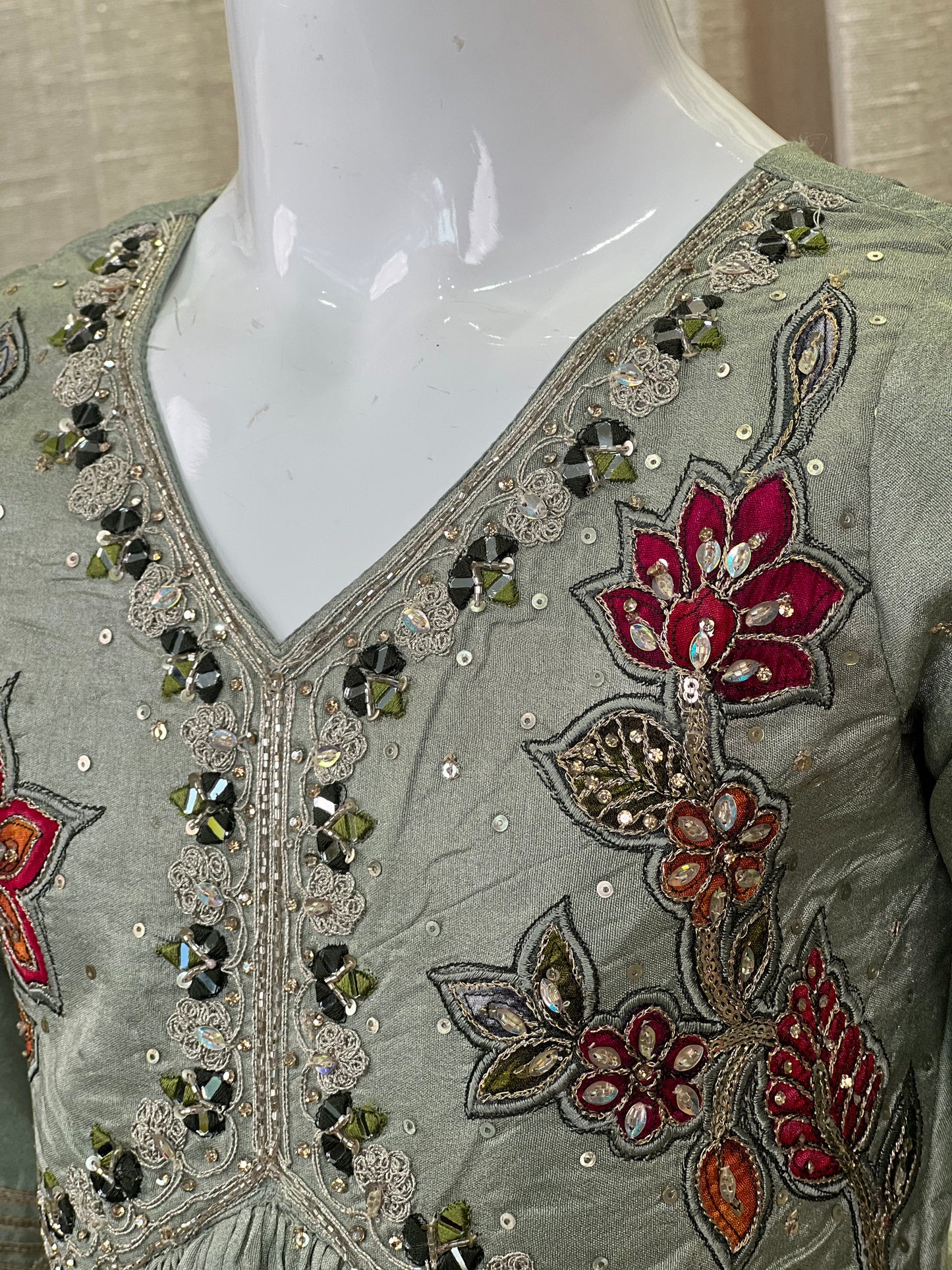 Embroidered Olive Green Anarkali Gown for Girls