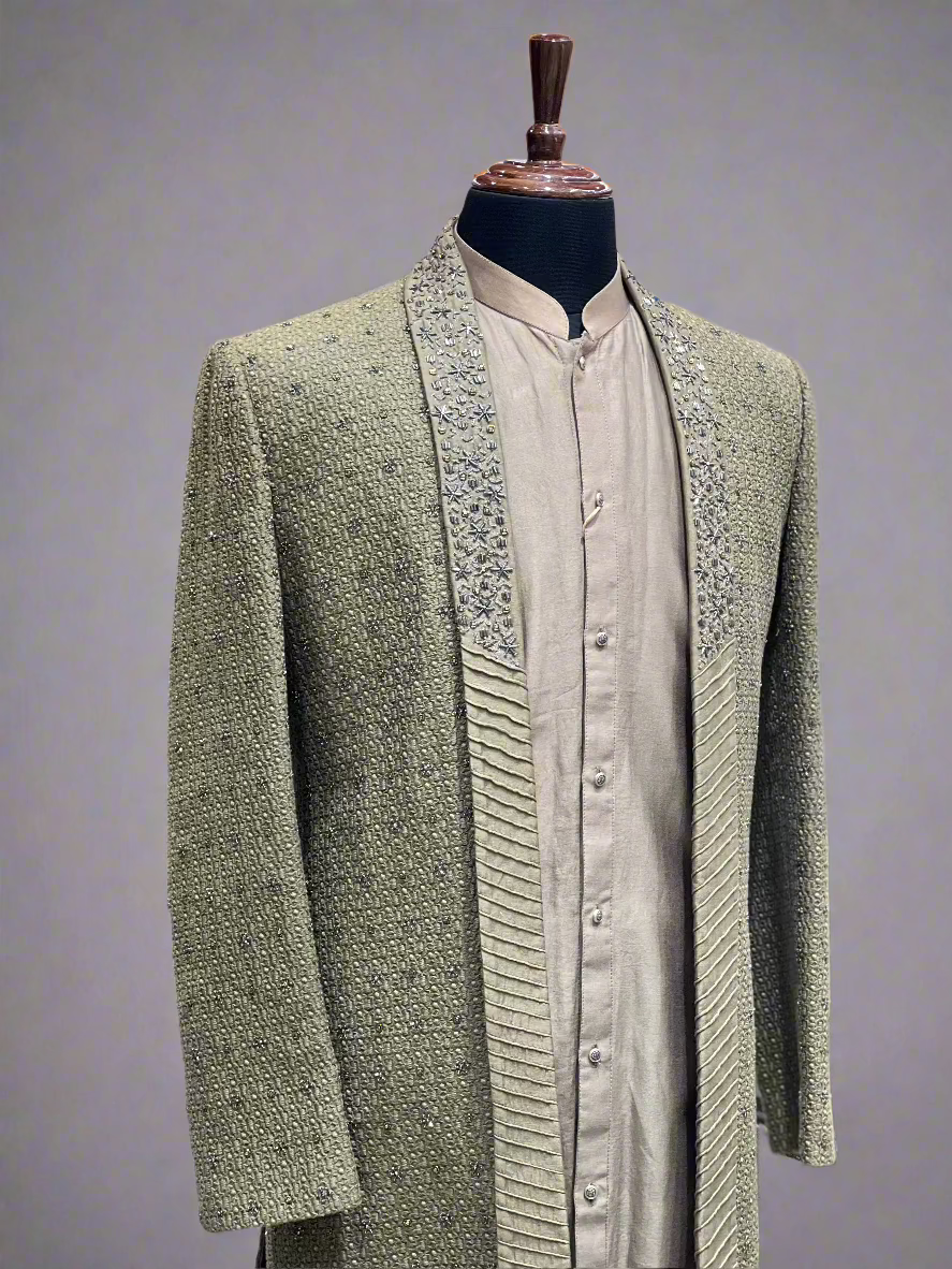 Embroidered Olive Green Indo-Western