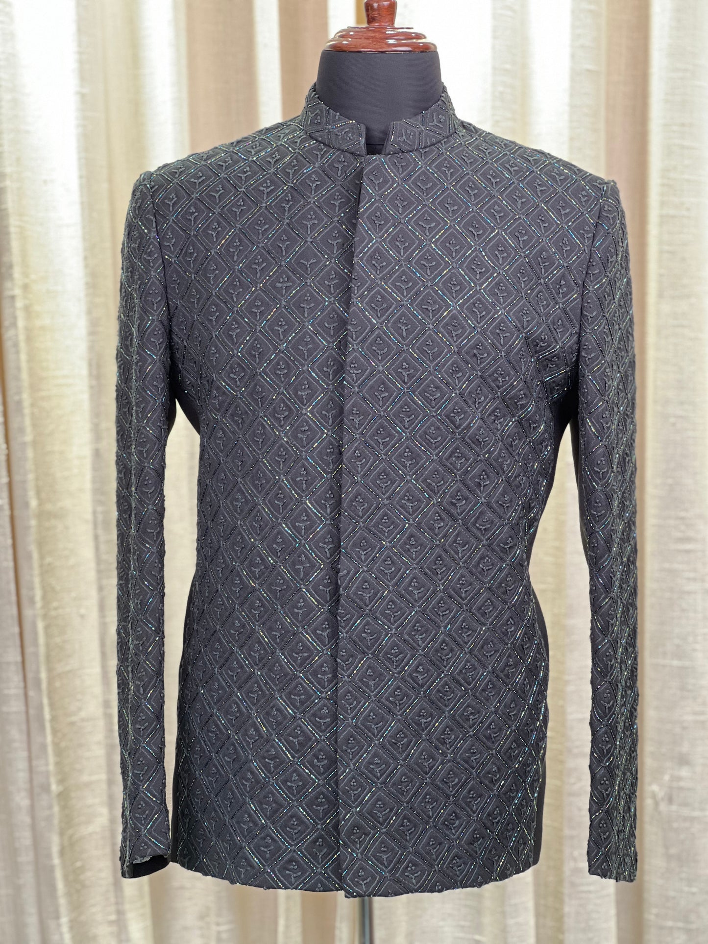 Emerald Green Textured Jodhpuri Suit with Subtle Geometric Embroidery