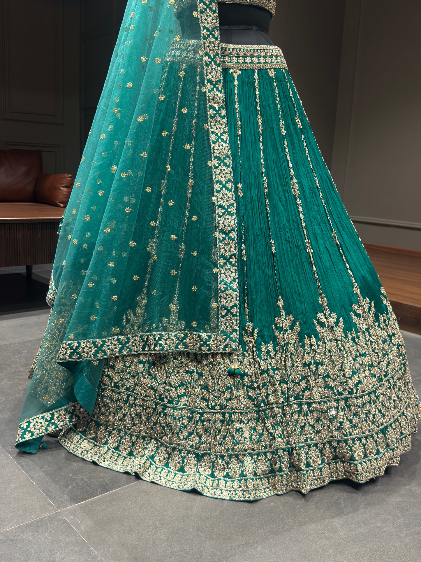 Emerald Green Zari Embroidered Festive Lehenga Choli with Net Dupatta