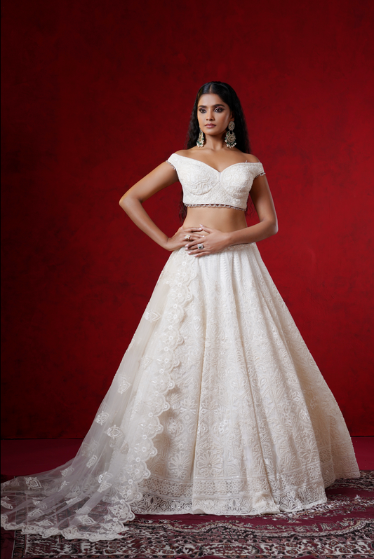Ethereal White Pearl-Embroidered Organza Lehenga
