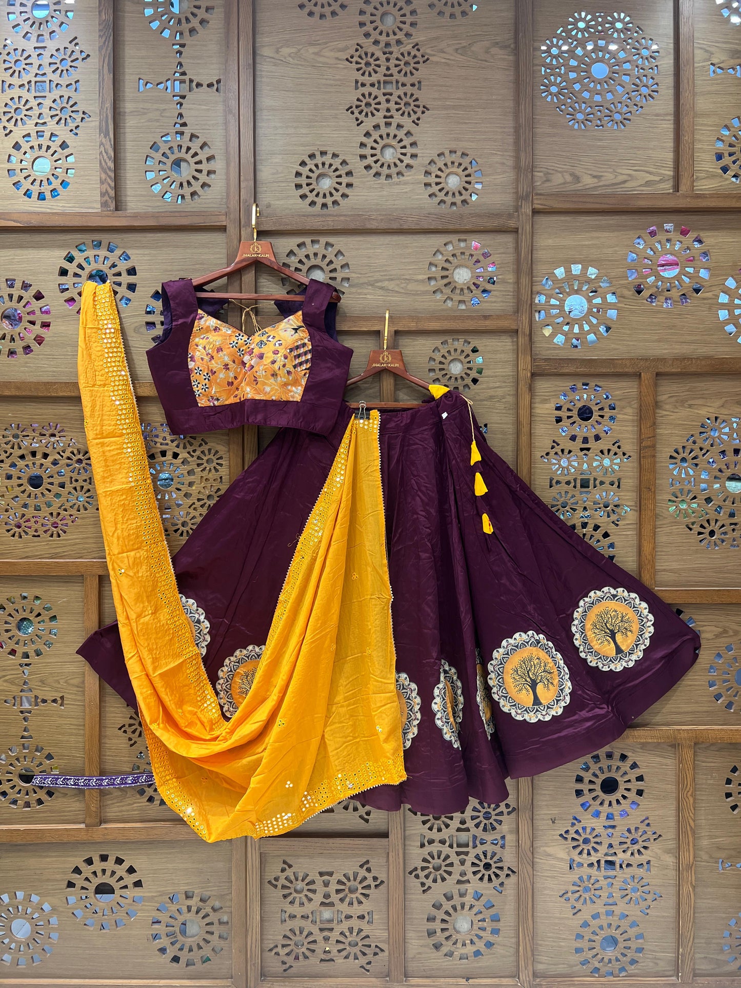 Festive Maroon & Mustard Embroidered Chaniya Choli