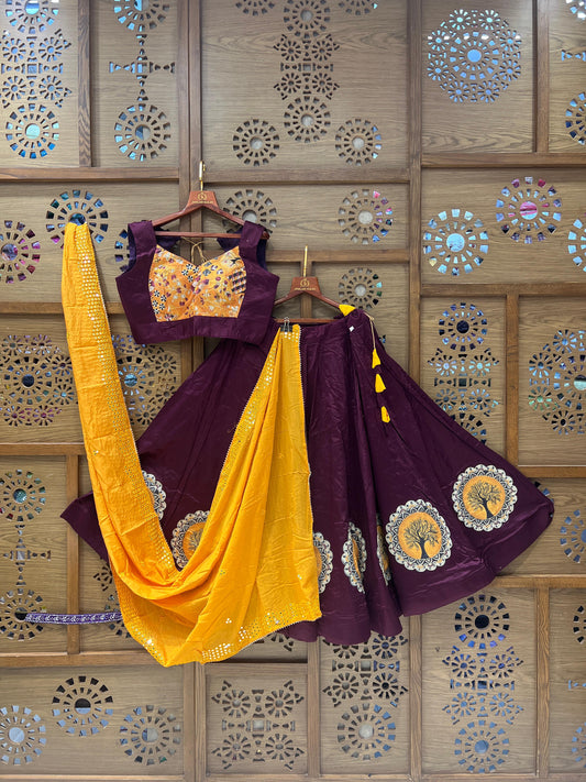Festive Maroon & Mustard Embroidered Chaniya Choli