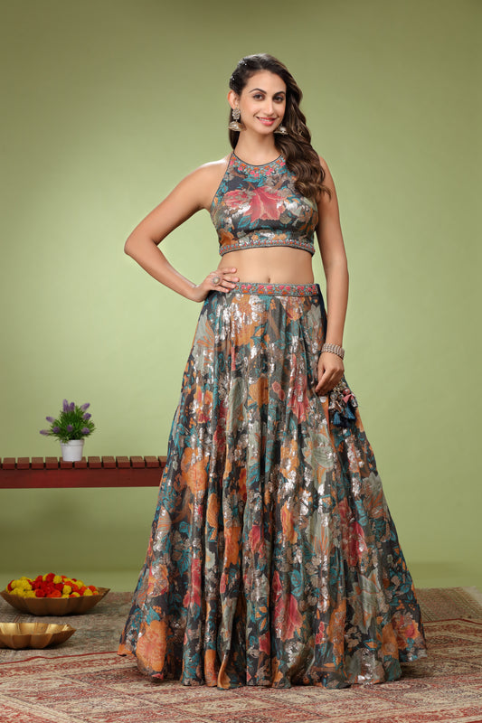 Flora Printed Embroidered Lehnga Choli With Net Dupatta