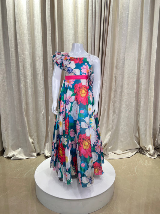 Floral One-Shoulder Girls Party Gown in Multi-Color Organza