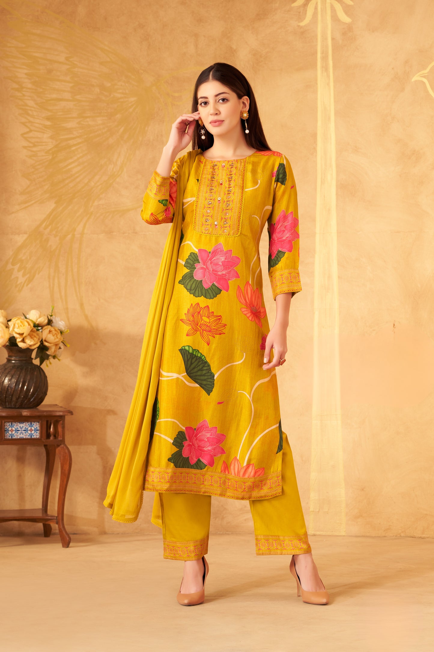 Floral Yellow Kurti with Matching Dupatta