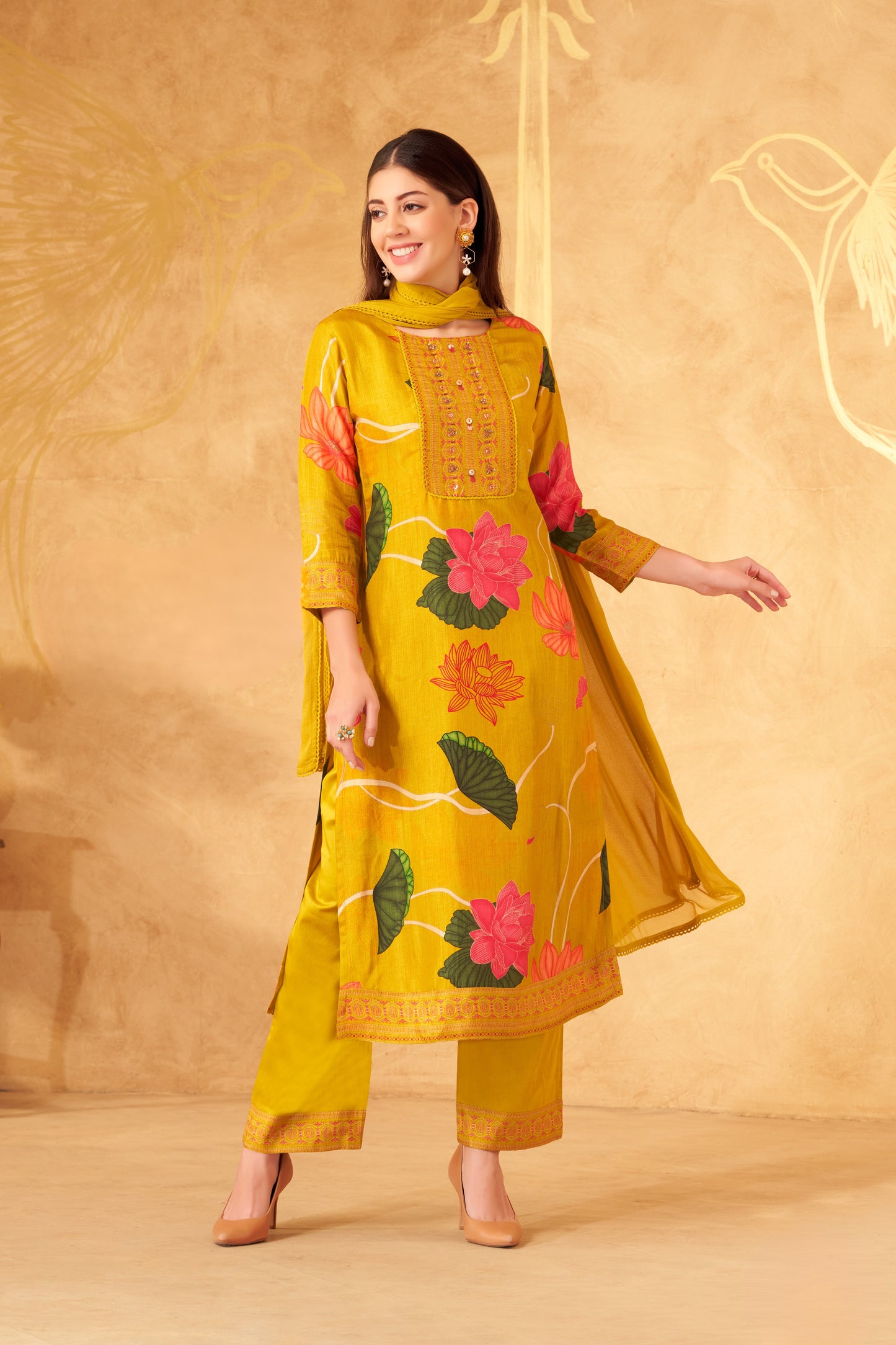 Floral Yellow Kurti with Matching Dupatta
