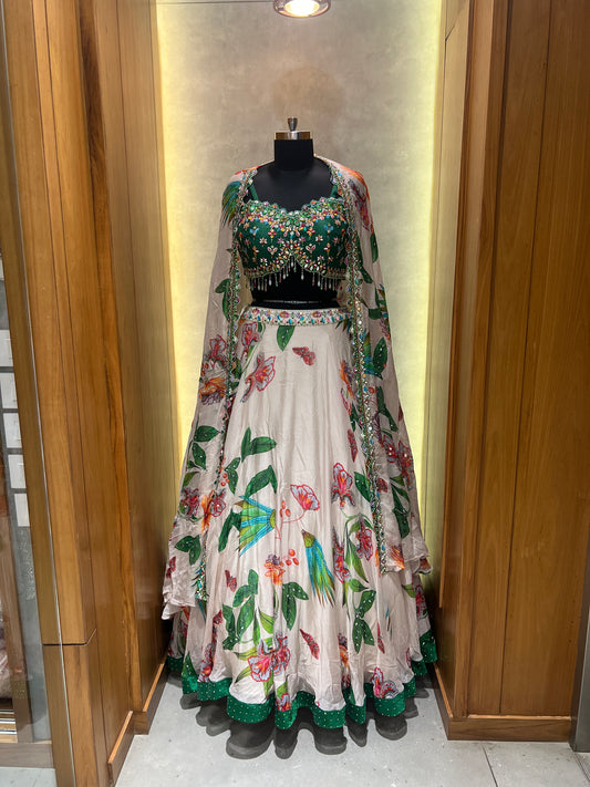 Floral & Bird Print Lehenga with Embellished Green Blouse