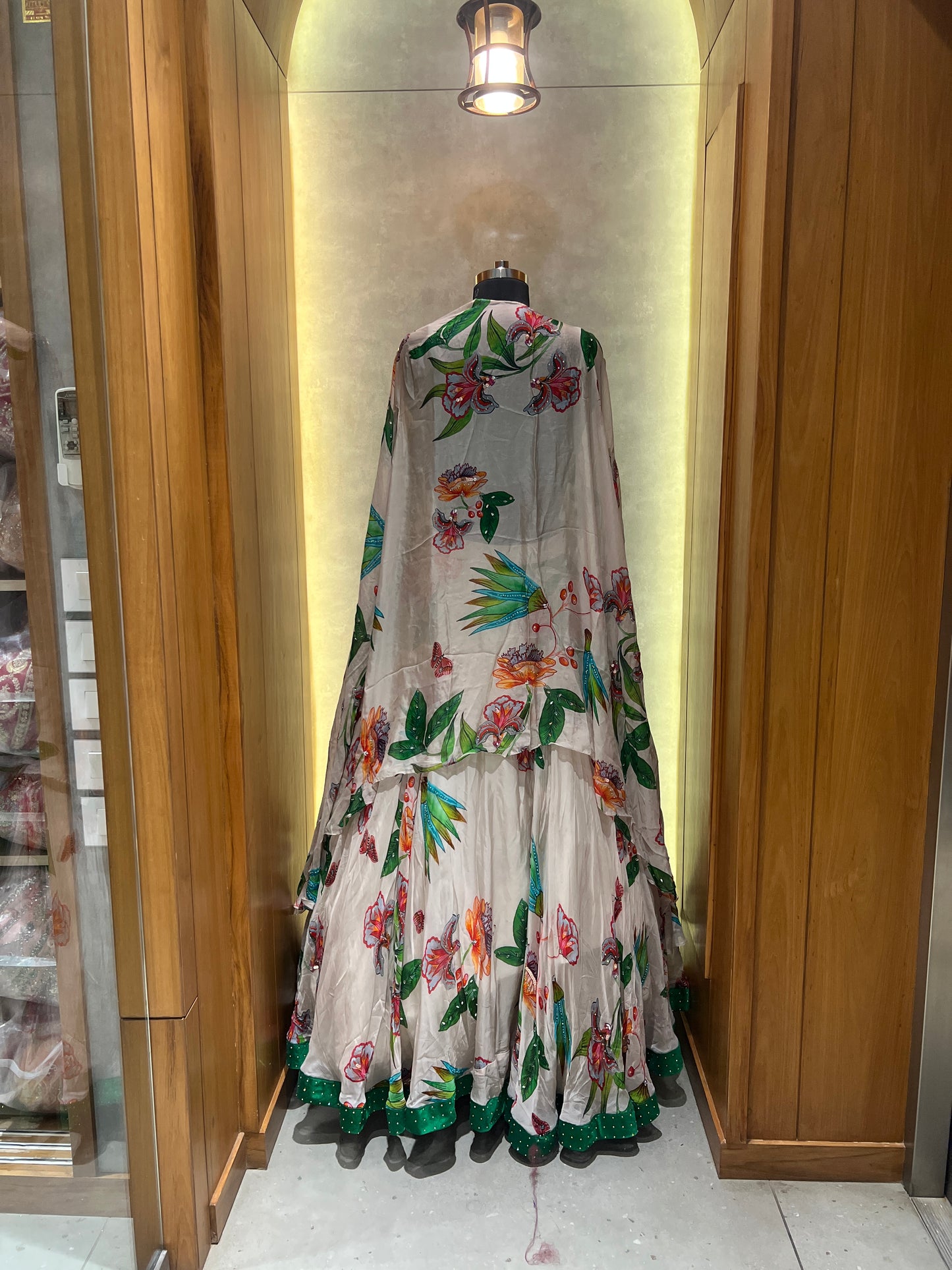 Floral & Bird Print Lehenga with Embellished Green Blouse