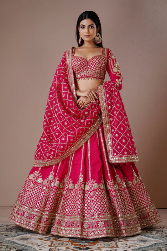 Fuchsia Pink Raw Silk Lehenga with Mirror and Zardosi Embroidery