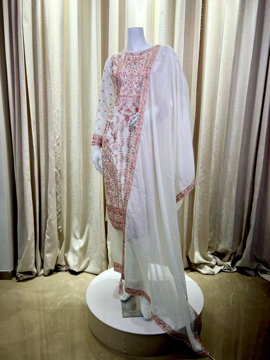 Ivory White Embroidered Kurti Set with Subtle Sequin Accents