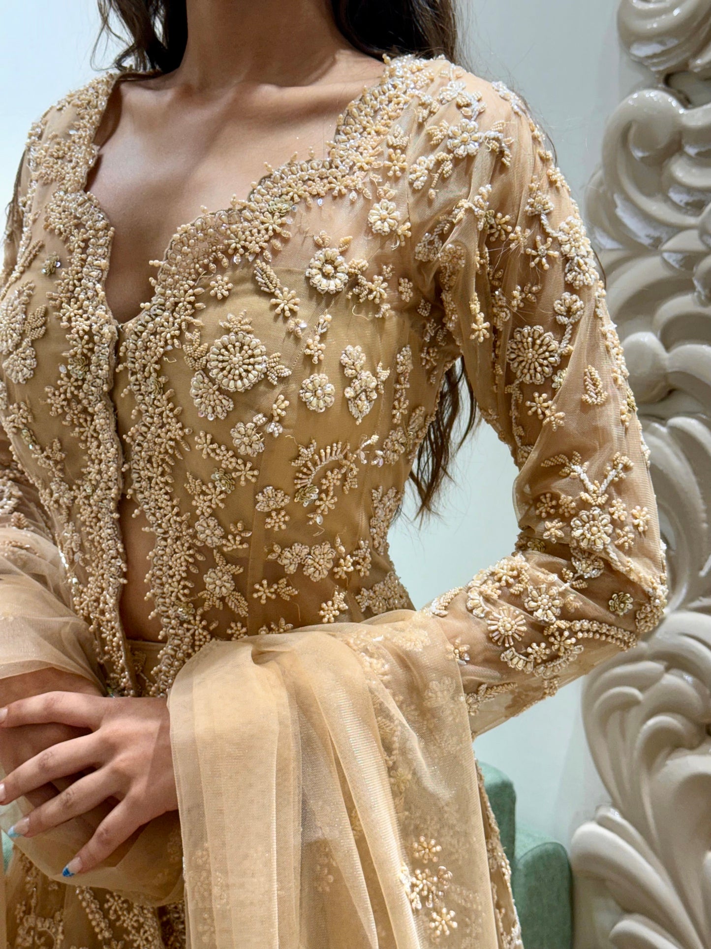 Champagne Gold Heavily Hand Embroidered Sharara Set