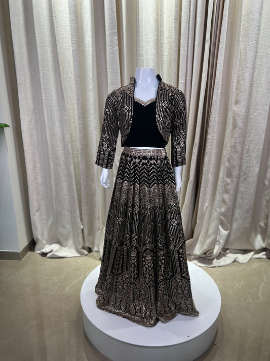 Girls Black Indo-Western Lehenga Set with Embellished Jacket