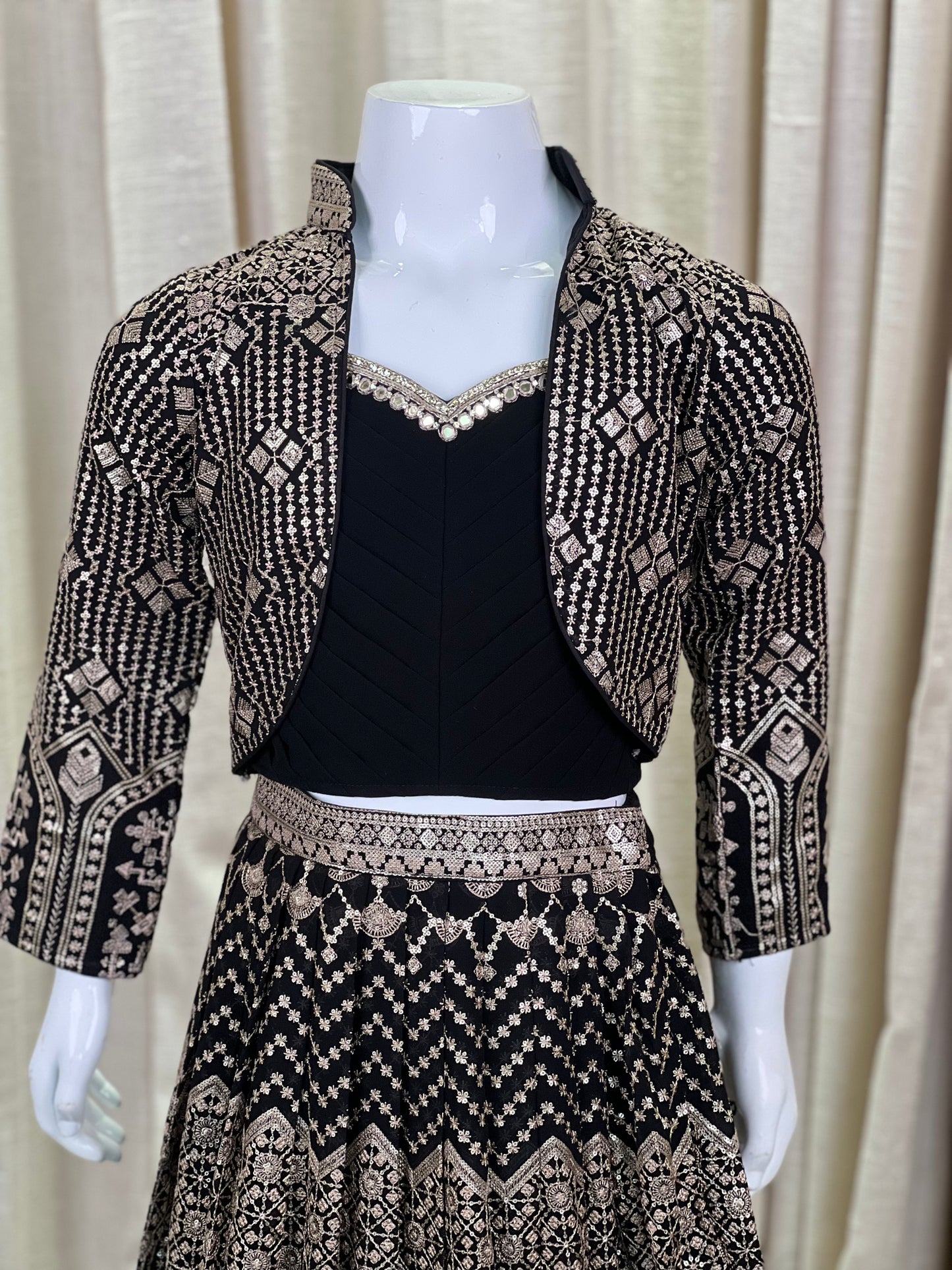 Girls Black Indo-Western Lehenga Set with Embellished Jacket