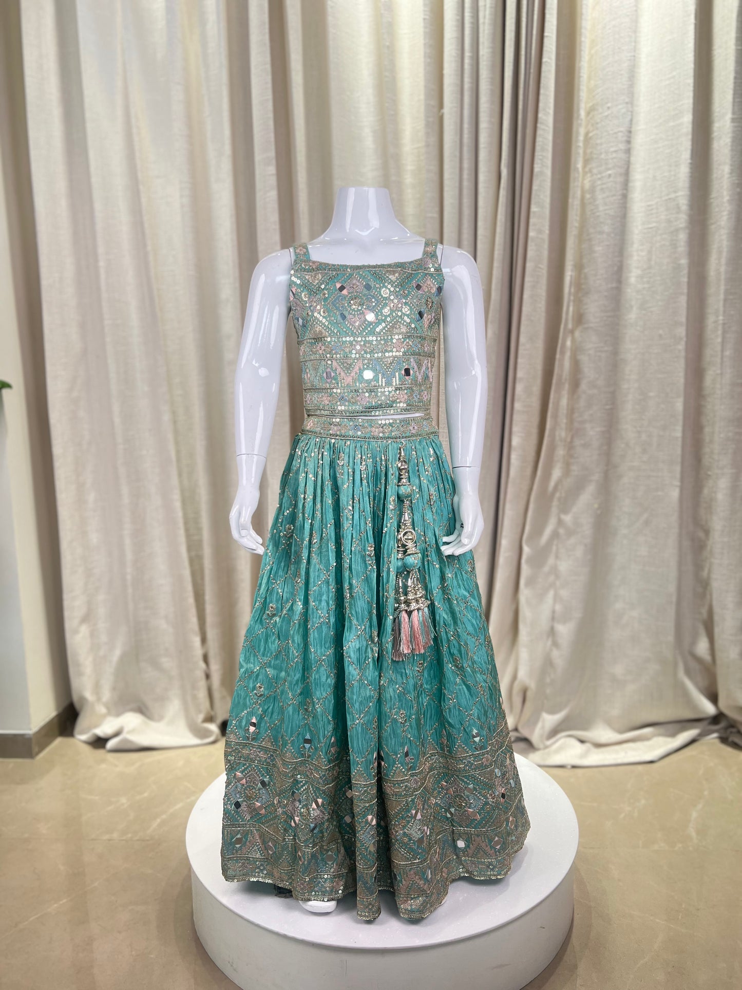Girls Designer Mirror Work Gown in Pastel Green