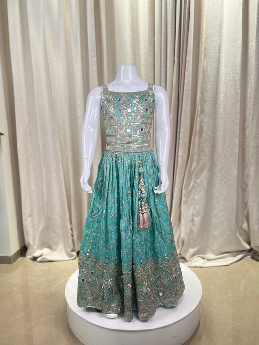 Girls Designer Mirror Work Gown in Pastel Green