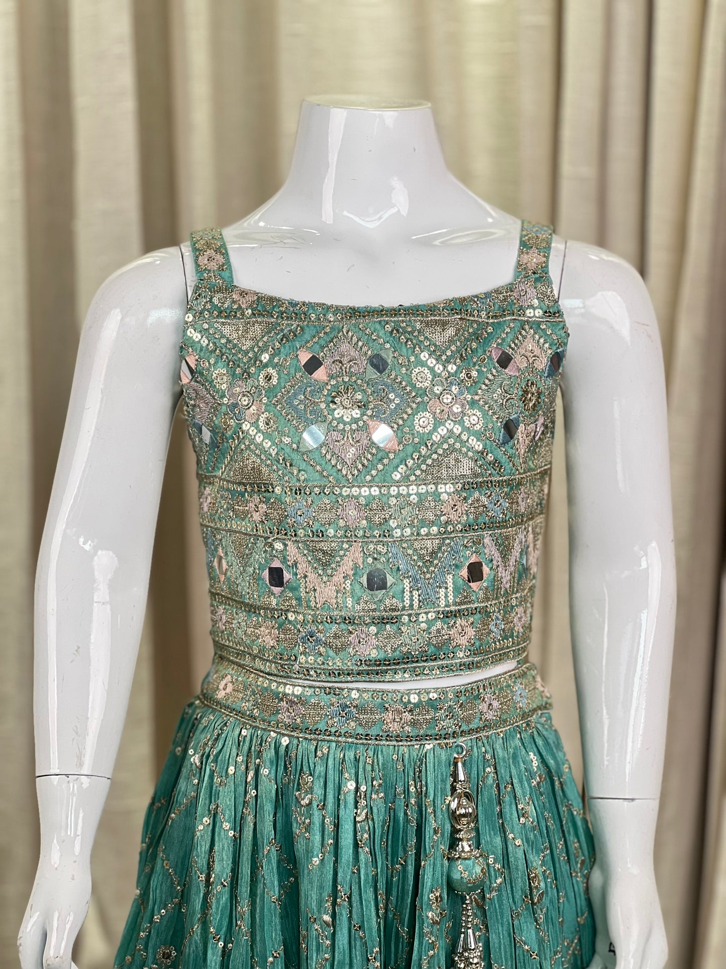 Girls Designer Mirror Work Gown in Pastel Green