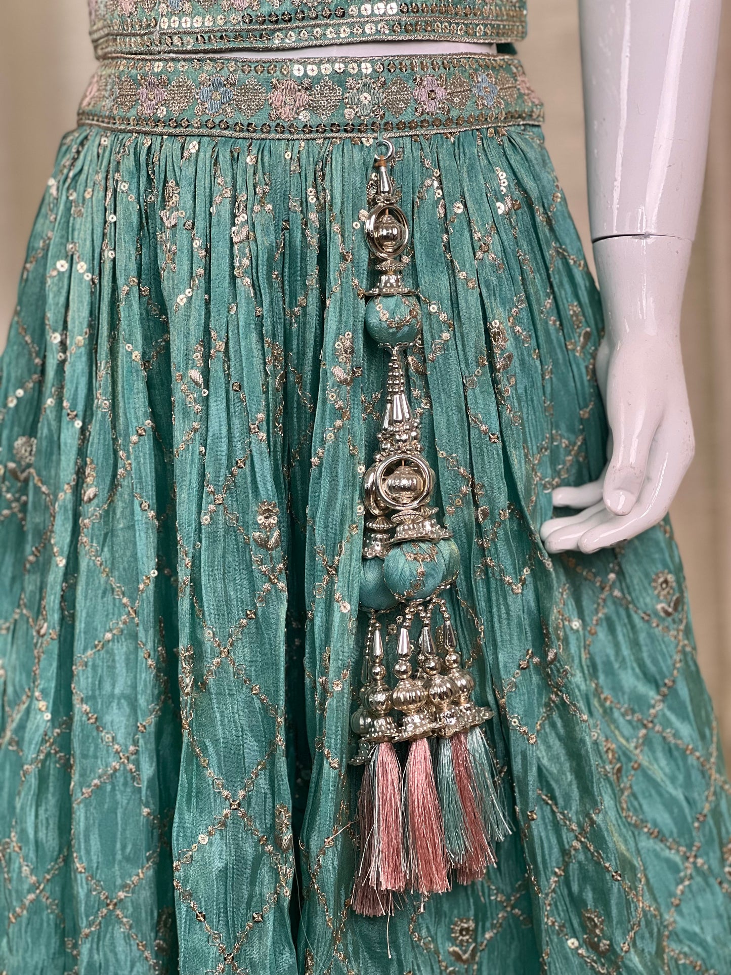 Girls Designer Mirror Work Gown in Pastel Green