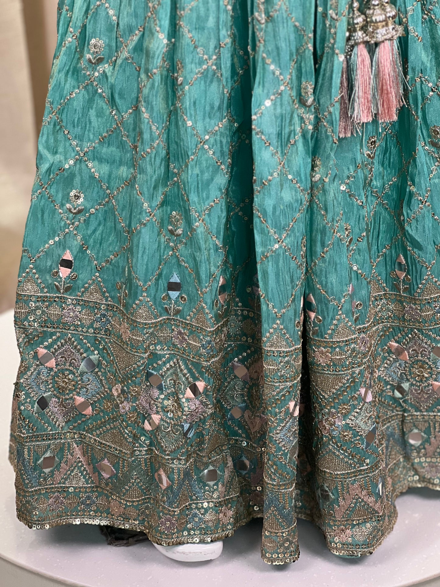 Girls Designer Mirror Work Gown in Pastel Green