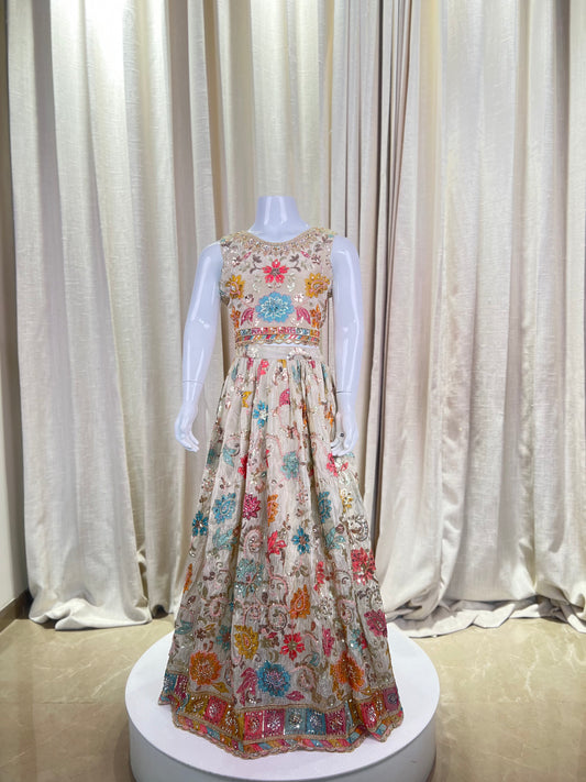 Girls Ivory Multicolor Embroidered Mirror Work Gown