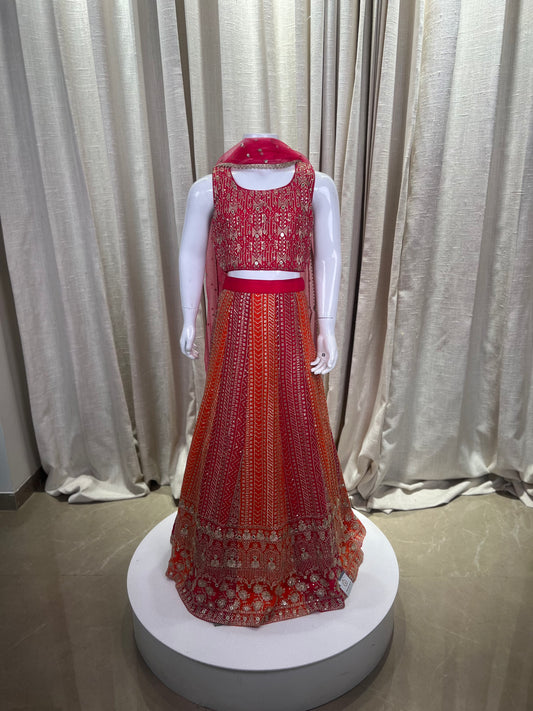 Girls Mirror Embroidered Red & Orange Ombre Lehenga Choli Set