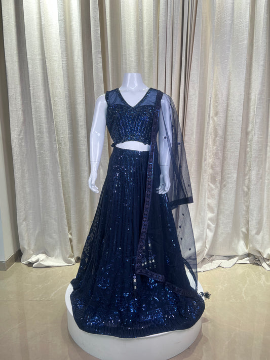 Girls Navy Blue Sequin Embroidered Lehenga Set with Net Dupatta