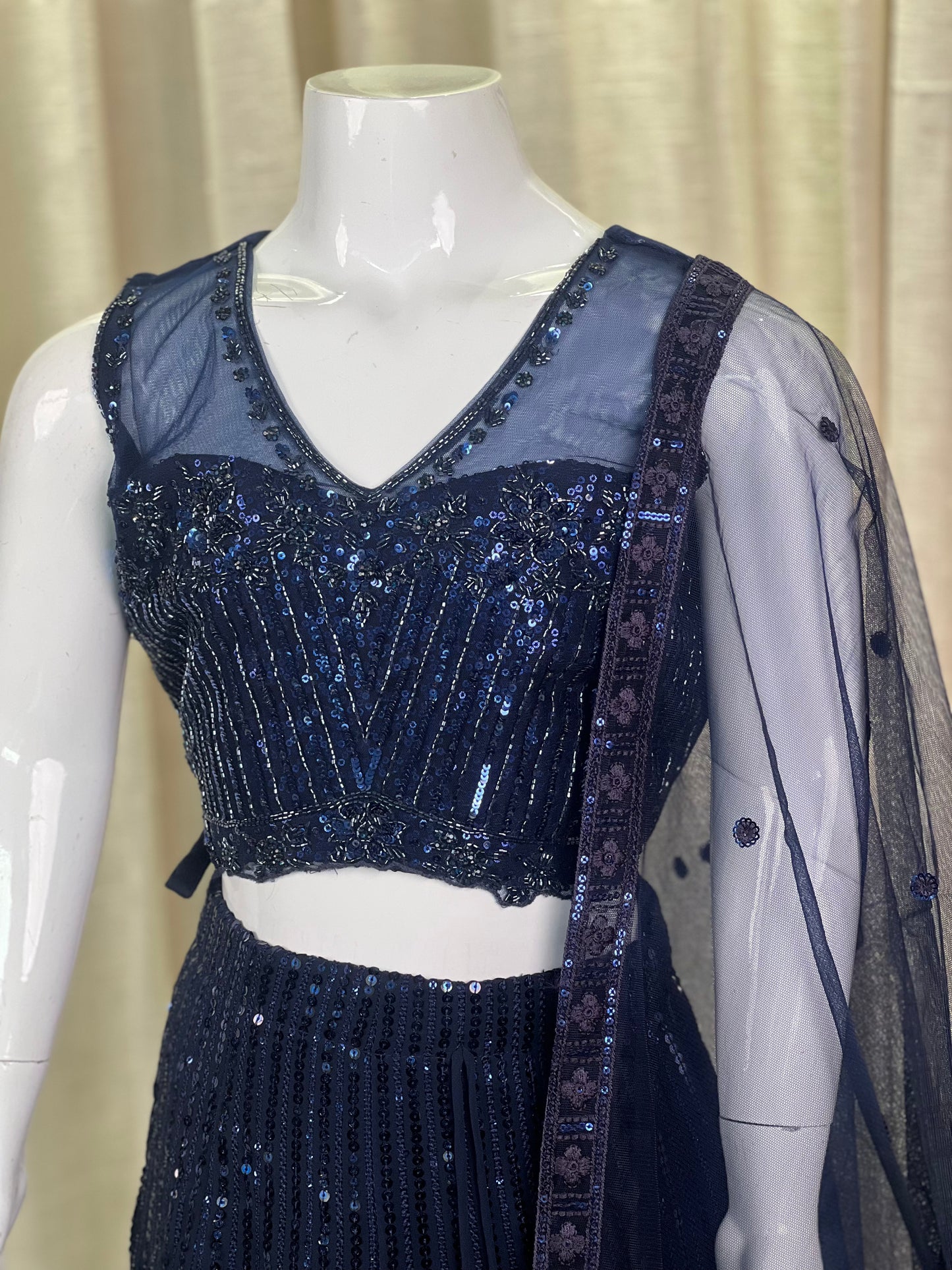 Girls Navy Blue Sequin Embroidered Lehenga Set with Net Dupatta