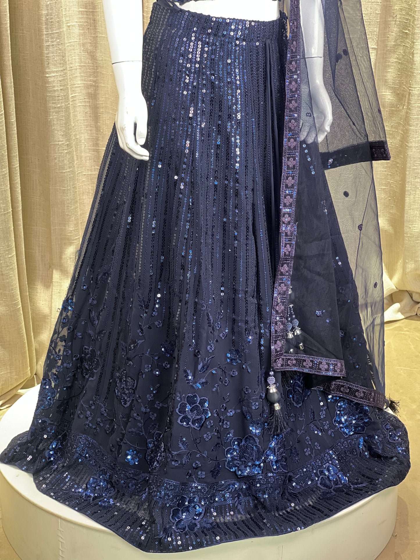 Girls Navy Blue Sequin Embroidered Lehenga Set with Net Dupatta