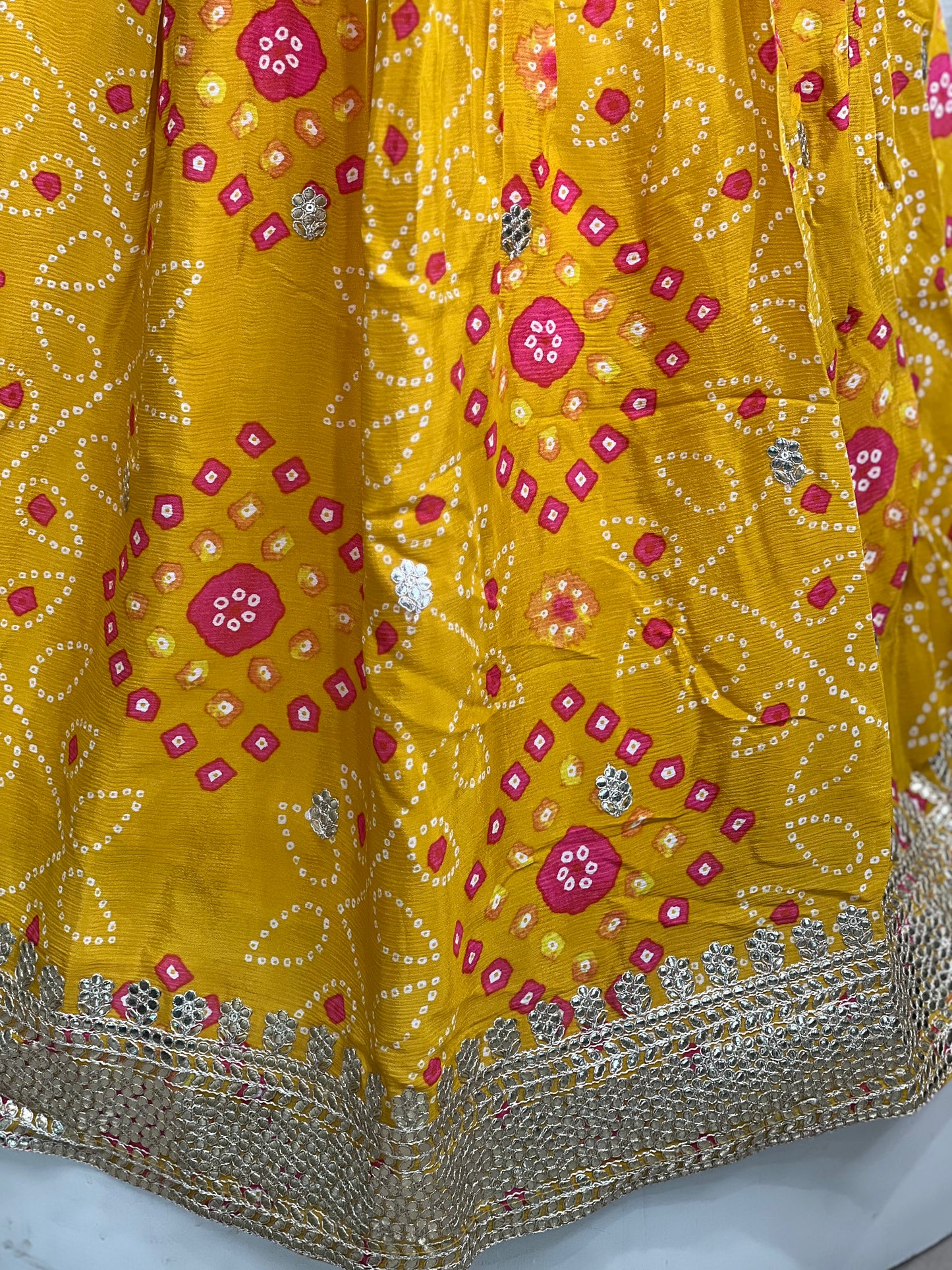 Girls Traditional Bandhani Lehenga Choli in Yellow & Pink