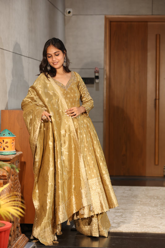 Golden Banarasi Silk Anarkali Suit