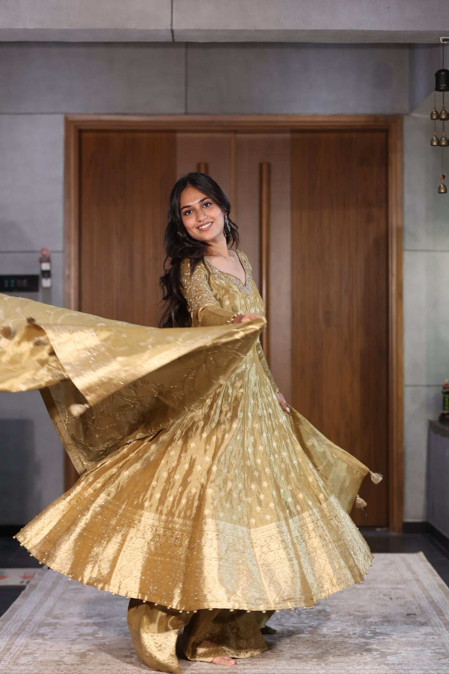 Golden Banarasi Silk Anarkali Suit