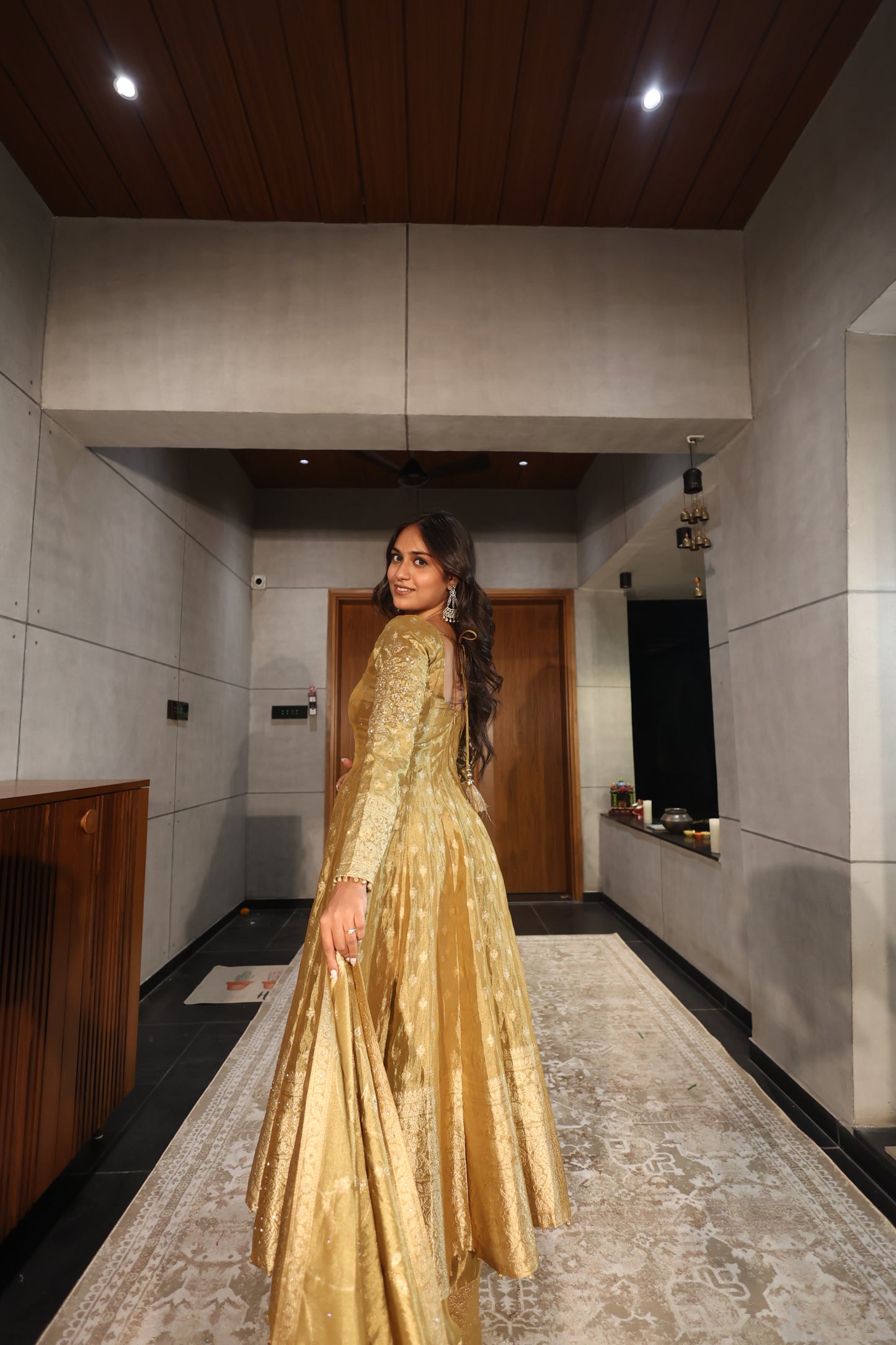 Golden Banarasi Silk Anarkali Suit