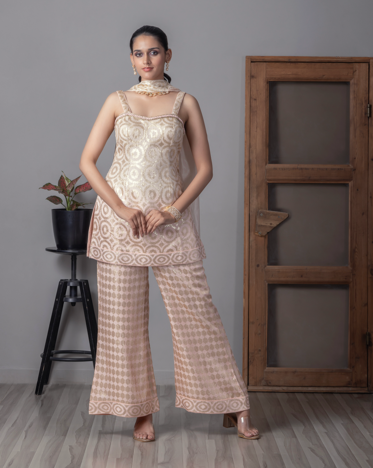 Golden Sequins Work Kurti Palazzo Set