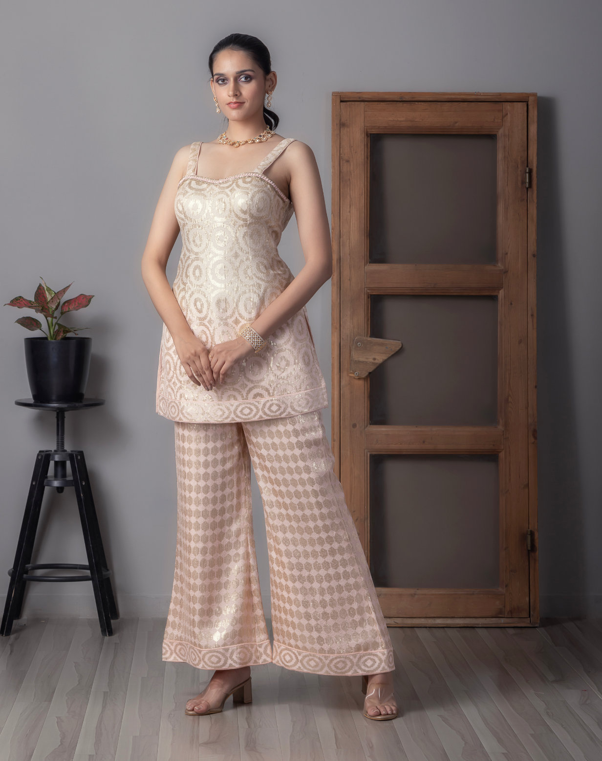 Golden Sequins Work Kurti Palazzo Set