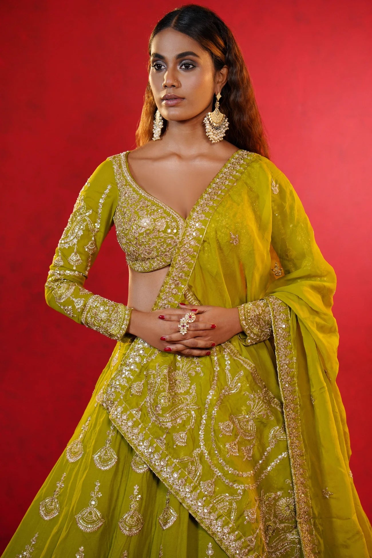 Green Crepe Lehenga with Intricate Zardosi Embroidery