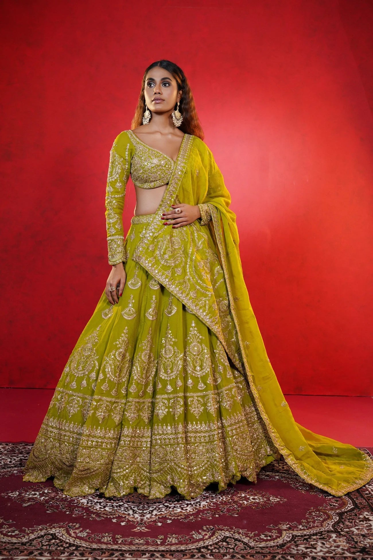 Green Crepe Lehenga with Intricate Zardosi Embroidery